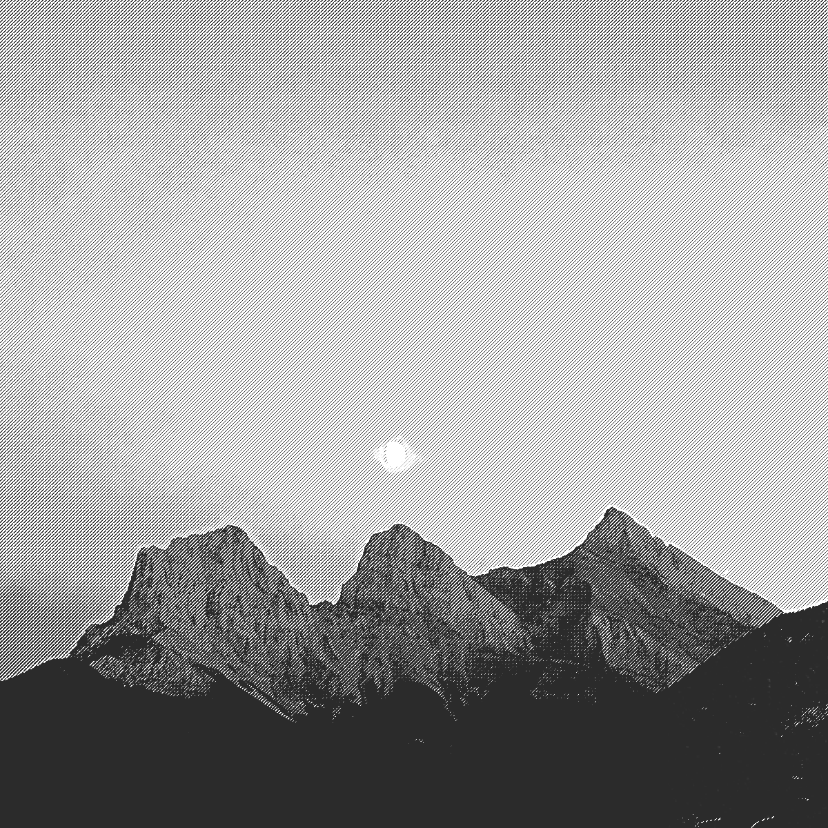 Black and white mountain landscape with a moonlit sky
